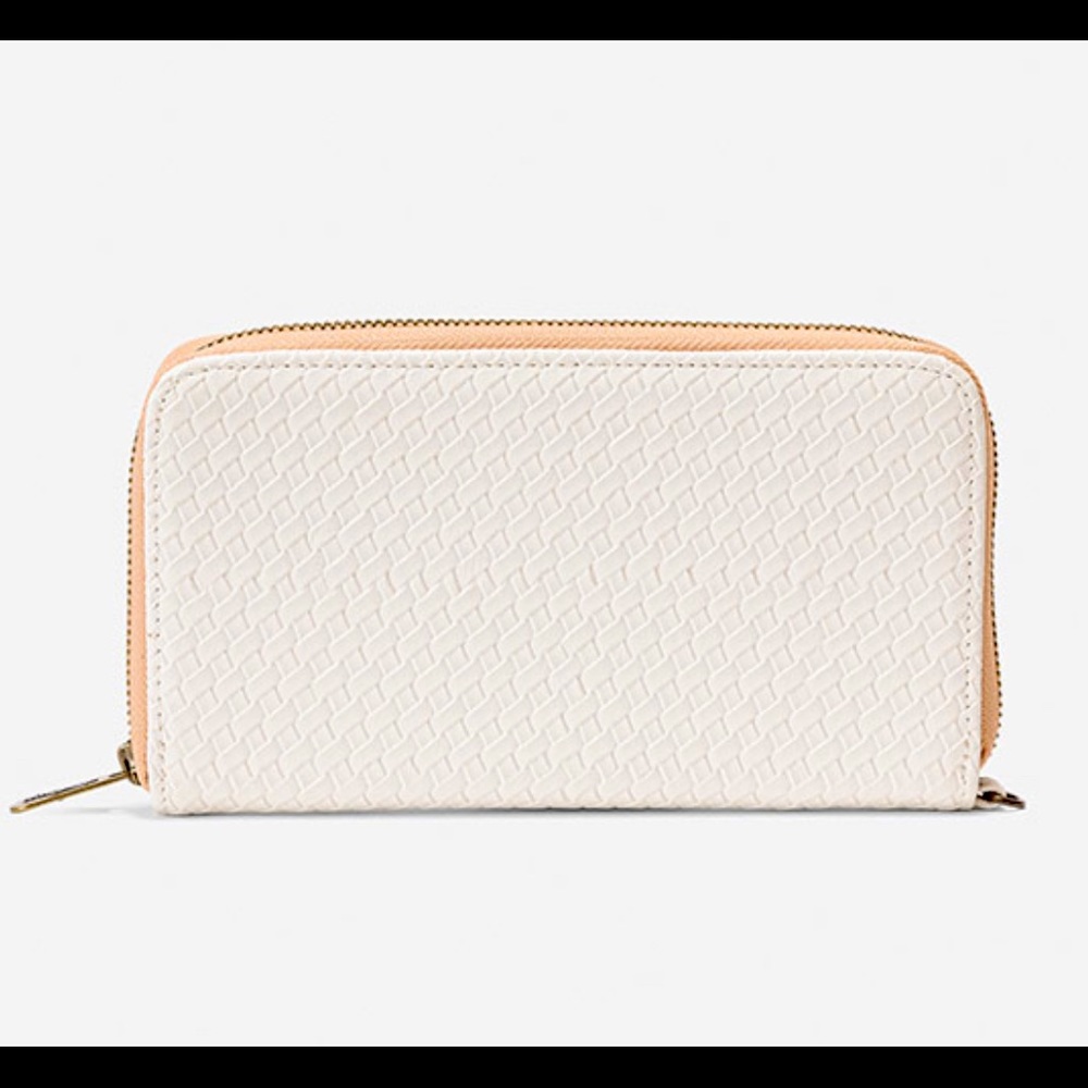 All About the Benjamin’s wallet in White Basketweave w/ matching Camel Wristlet
